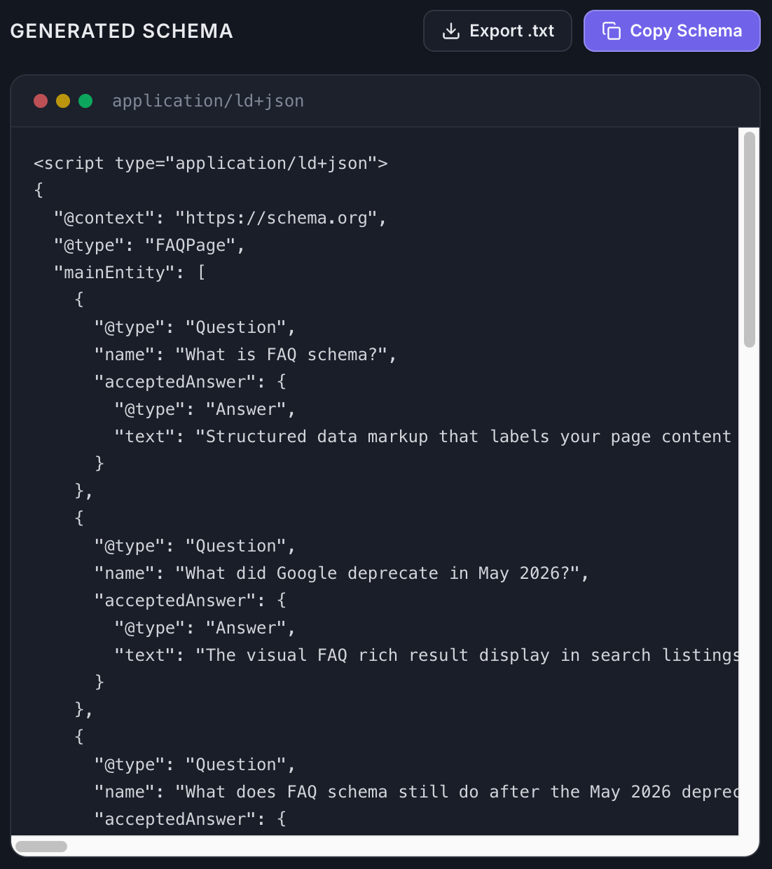 JSON-LD FAQ schema code example showing the FAQPage structured data markup with script type application/ld+json context schema.org type FAQPage and mainEntity array containing a Question type with name and acceptedAnswer fields