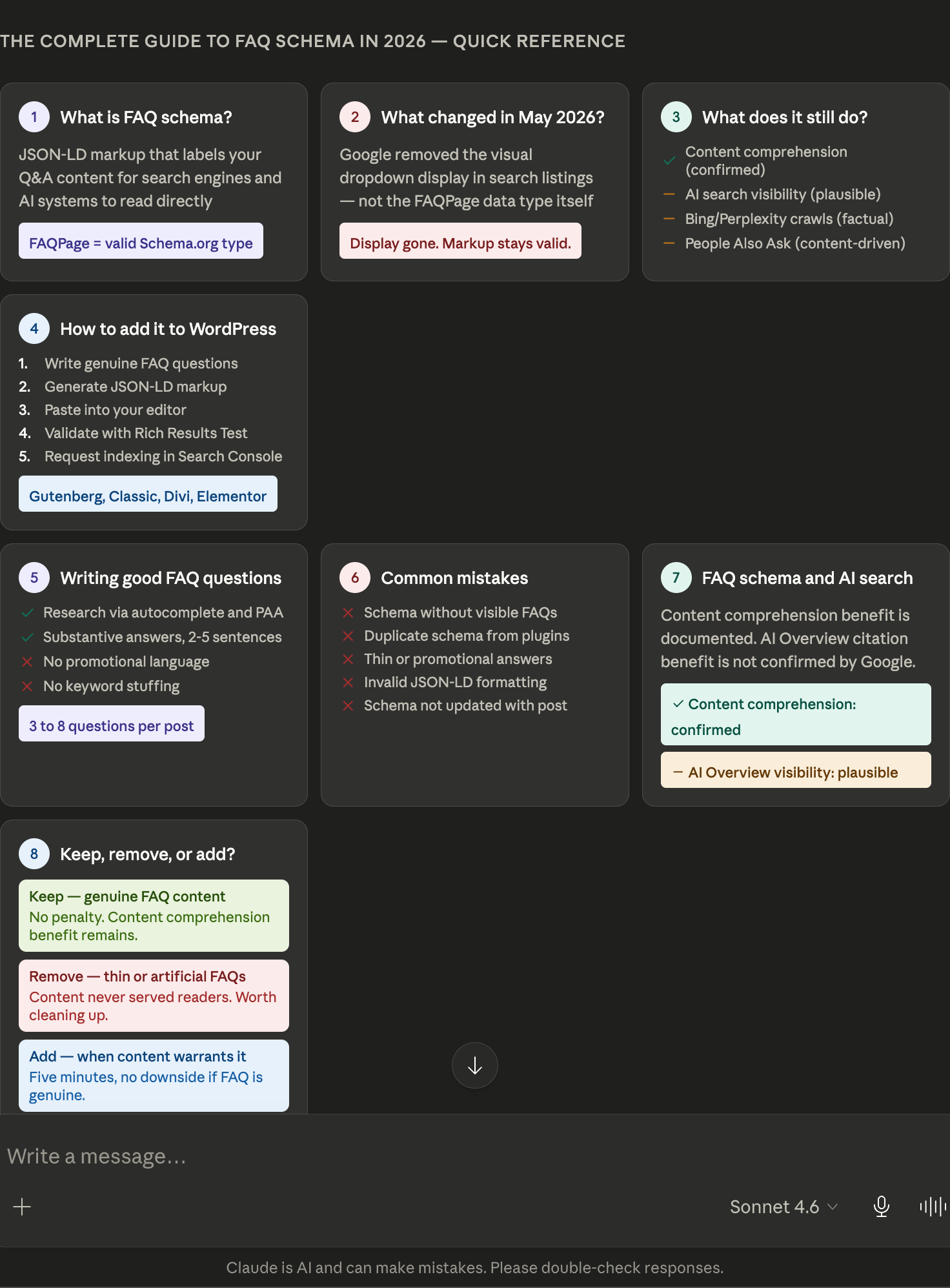 Summary reference card for The Complete Guide to FAQ Schema in 2026 covering all nine parts including what FAQ schema is, what Google deprecated in May 2026, what the markup still does, how to add it to WordPress, how to write good questions, common mistakes, the AI search connection, the keep-remove-or-add decision framework, and other active structured data types