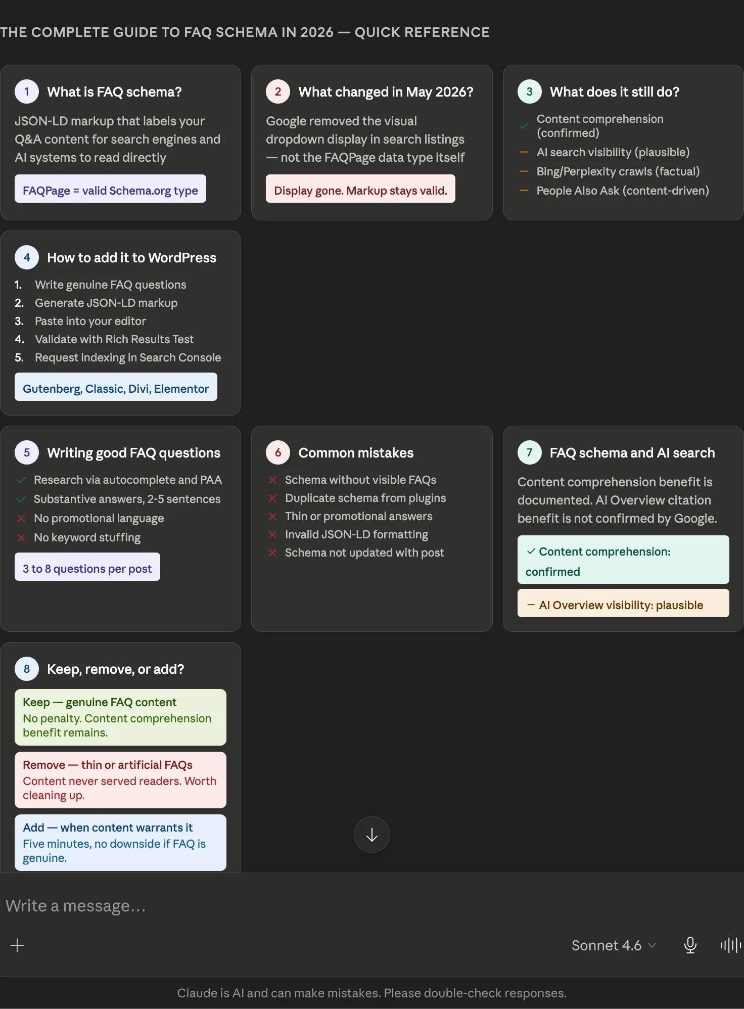 Summary reference card for The Complete Guide to FAQ Schema in 2026 covering all nine parts including what FAQ schema is, what Google deprecated in May 2026, what the markup still does, how to add it to WordPress, how to write good questions, common mistakes, the AI search connection, the keep-remove-or-add decision framework, and other active structured data types