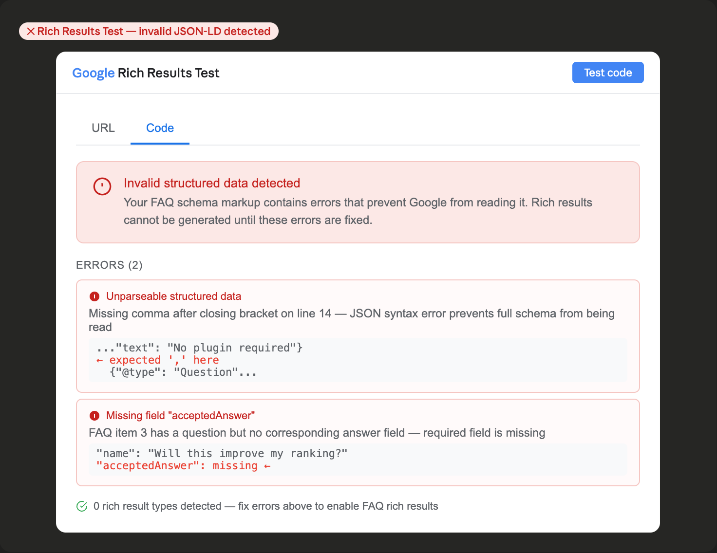 Google Rich Results Test showing invalid structured data errors for FAQ schema including an unparseable JSON syntax error and a missing required acceptedAnswer field