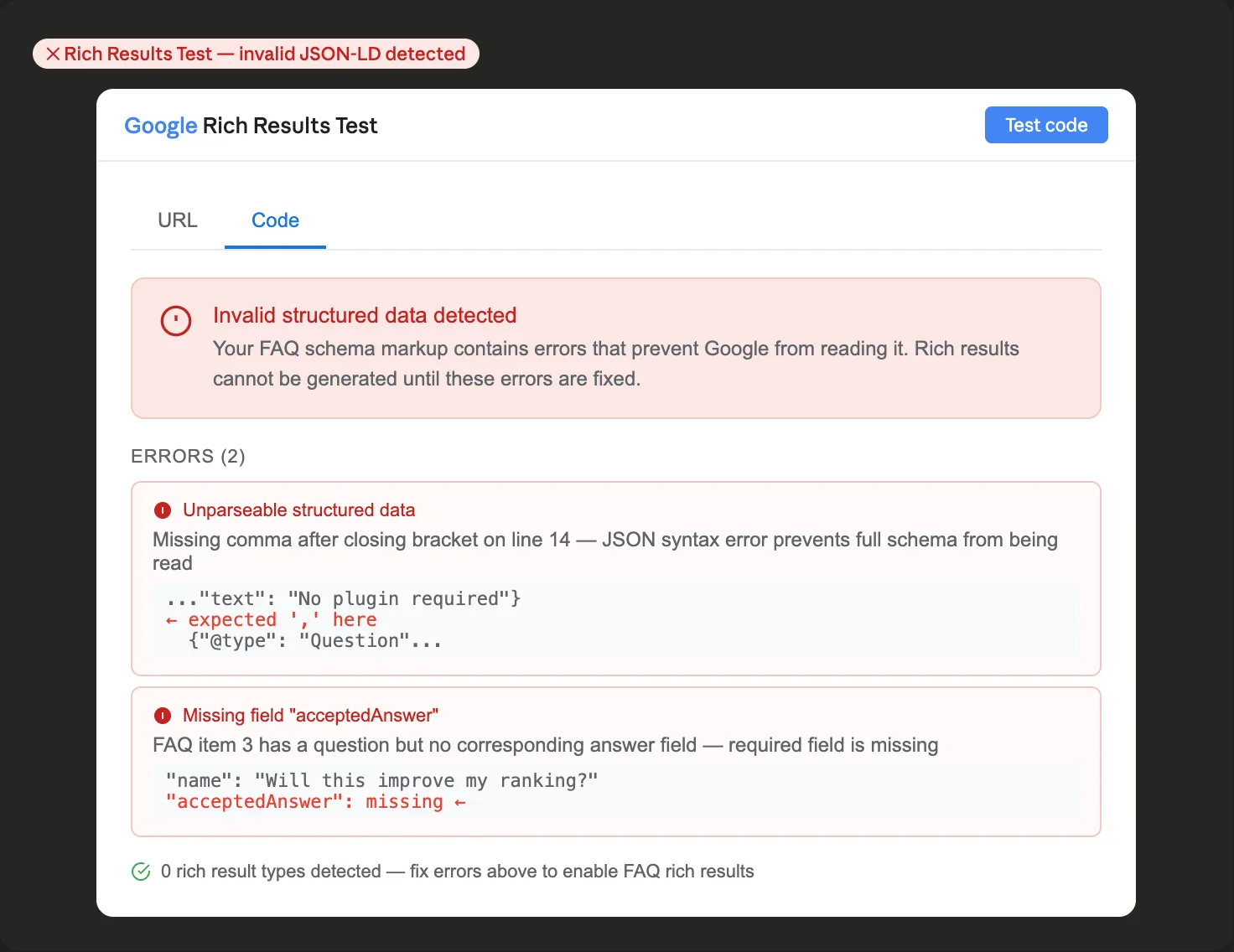 Google Rich Results Test showing invalid structured data errors for FAQ schema including an unparseable JSON syntax error and a missing required acceptedAnswer field
