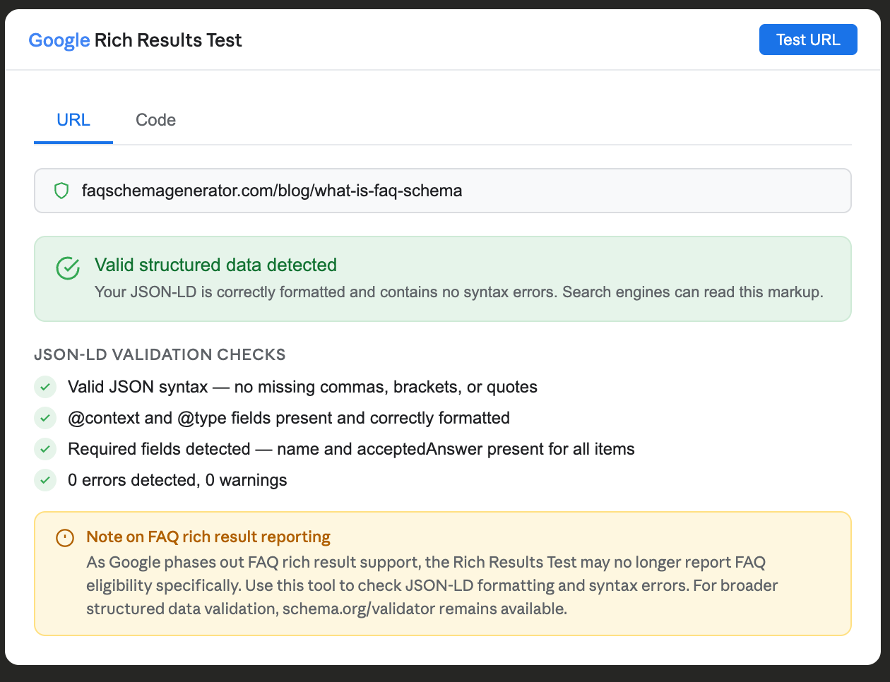 Google Rich Results Test showing valid JSON-LD structured data with four green validation checks for syntax and required fields alongside a yellow notice explaining that FAQ rich result eligibility reporting is being phased out, but the tool still validates JSON-LD formatting.