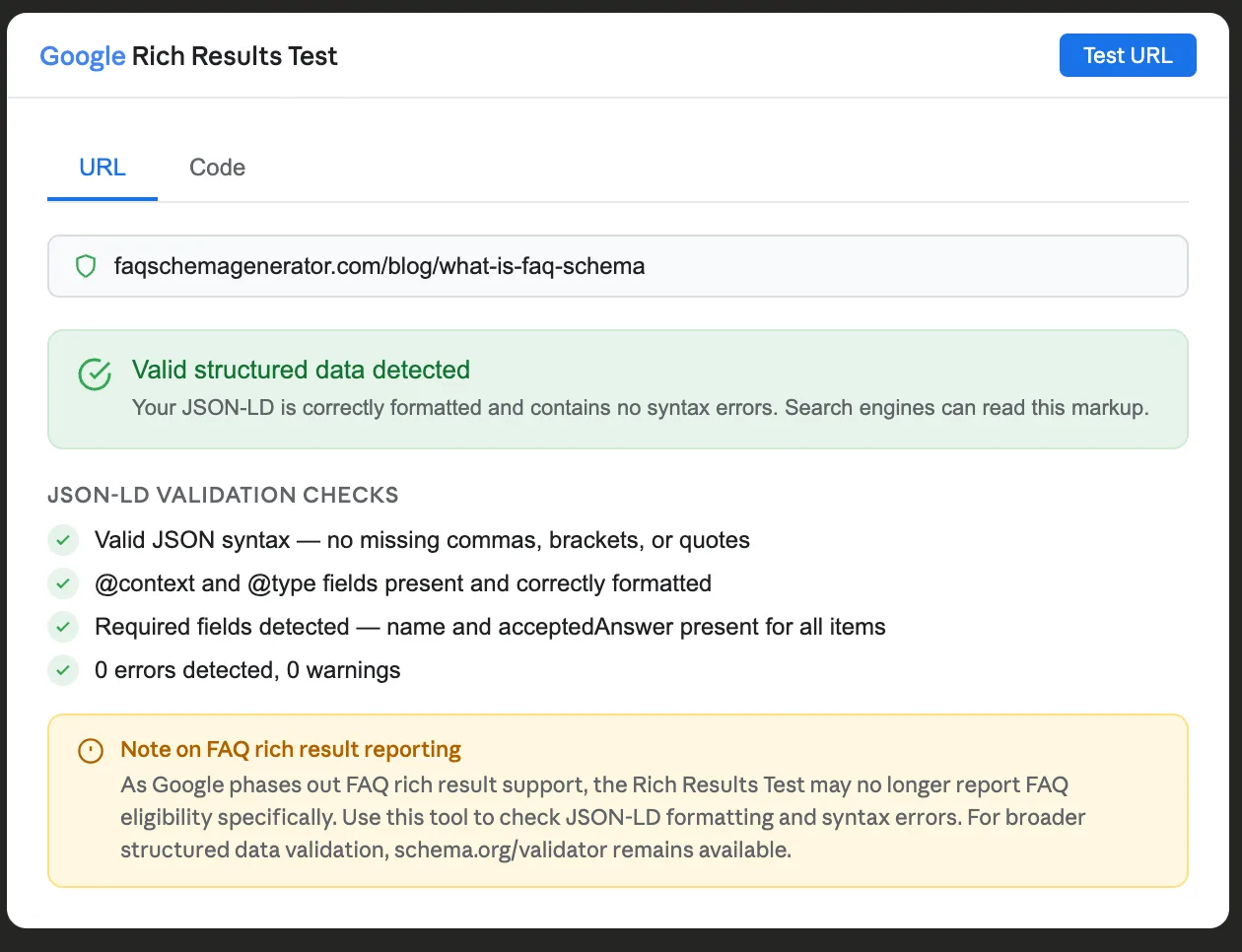 Google Rich Results Test showing valid JSON-LD structured data with four green validation checks for syntax and required fields alongside a yellow notice explaining that FAQ rich result eligibility reporting is being phased out, but the tool still validates JSON-LD formatting.