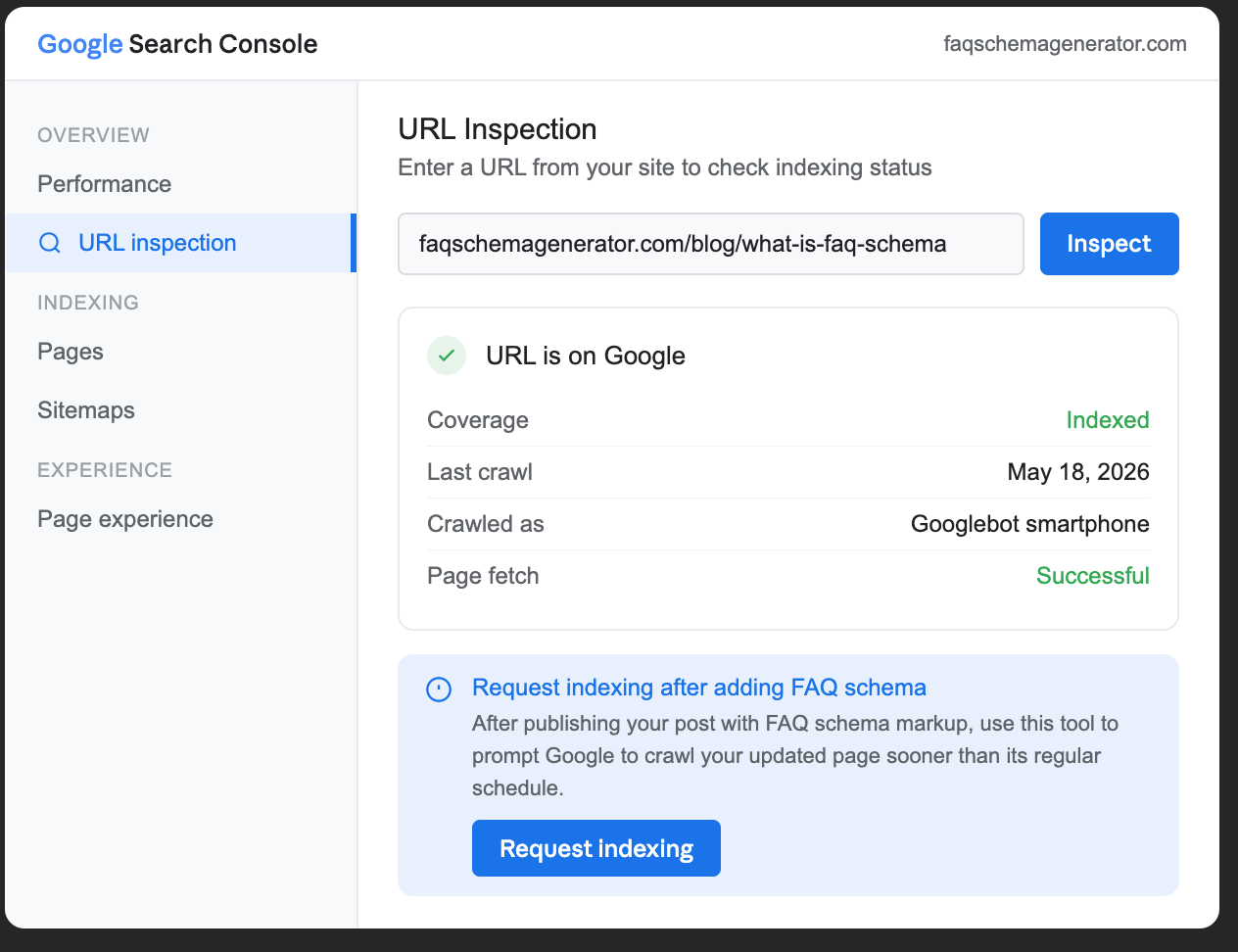Google Search Console URL Inspection tool showing a successfully indexed page with crawl details and a Request Indexing button highlighted with instructions to use it after publishing a post with FAQ schema markup