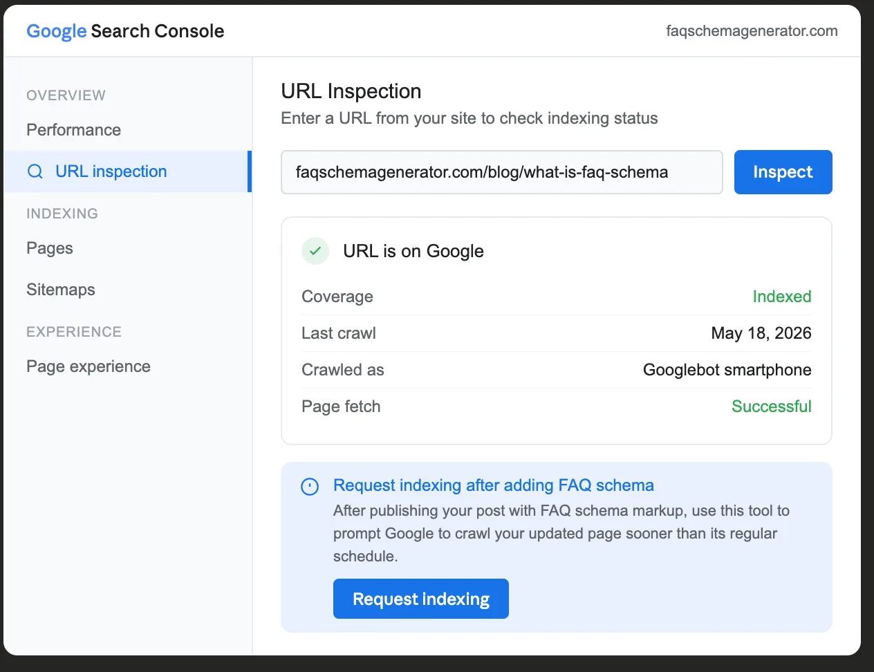 Google Search Console URL Inspection tool showing a successfully indexed page with crawl details and a Request Indexing button highlighted with instructions to use it after publishing a post with FAQ schema markup
