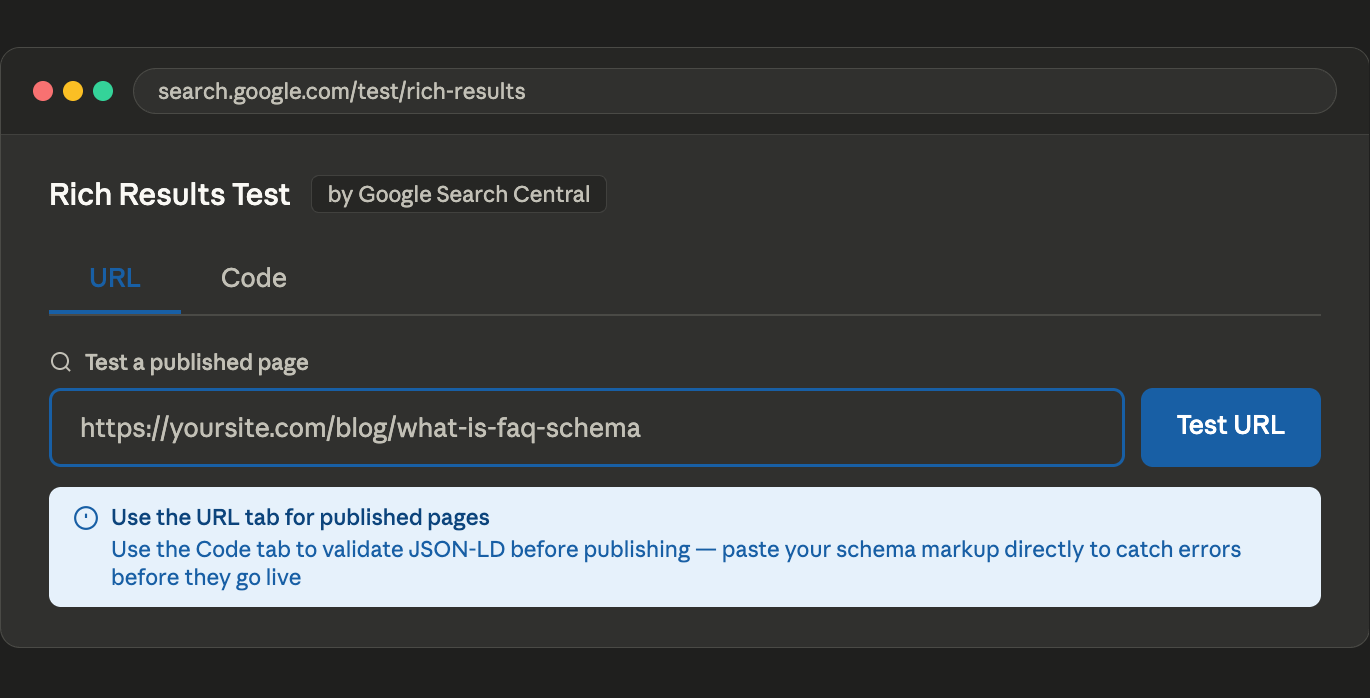 Google Rich Results Test homepage mockup showing the URL tab selected with an address field for entering a published page URL and a Test URL button alongside a note explaining to use the Code tab to validate JSON-LD markup before publishing