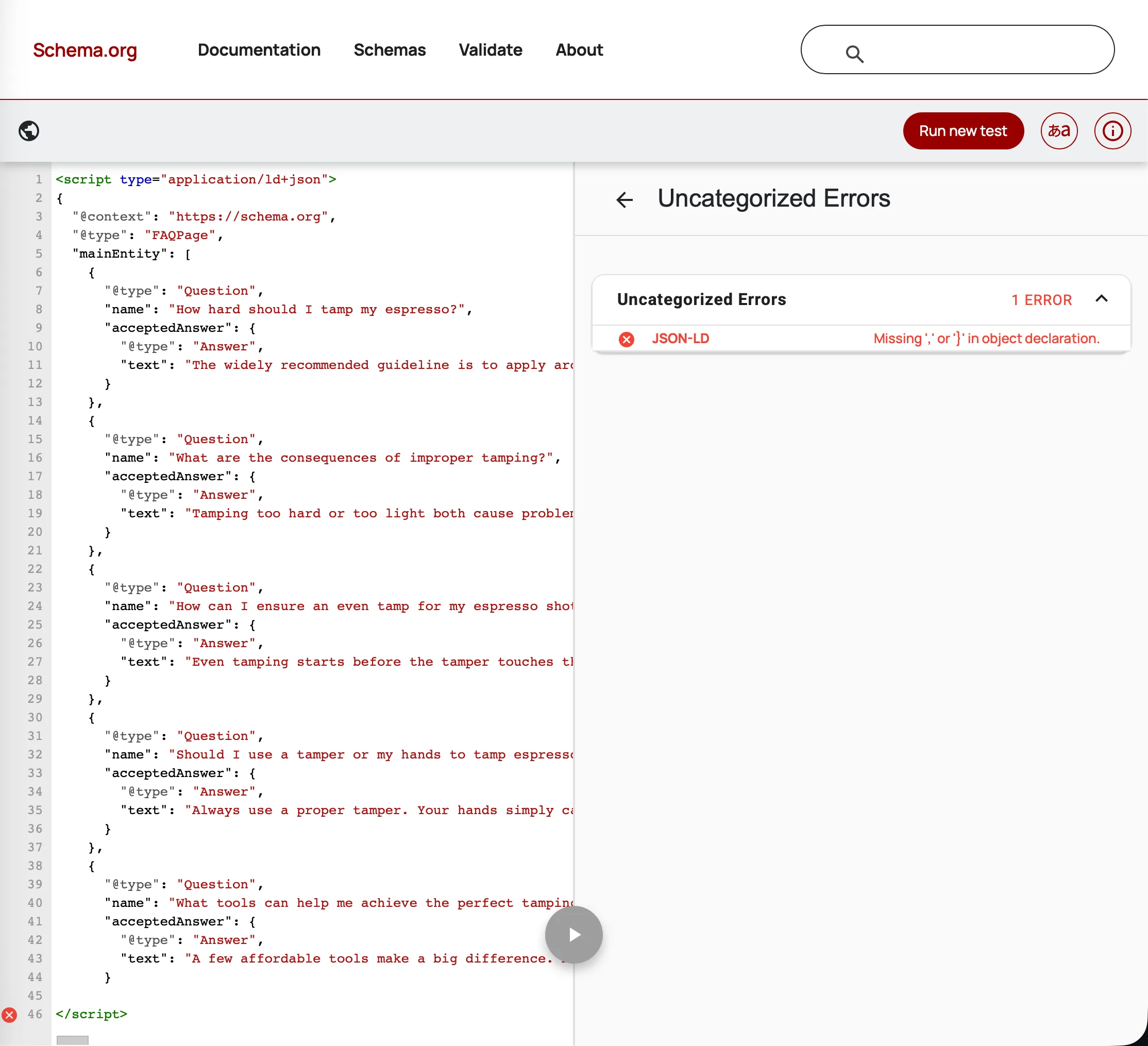 Screenshot from validator.schema.org showing FAQ JSON-LD code in the left panel and an Uncategorized Errors message in the right panel indicating a structural markup problem