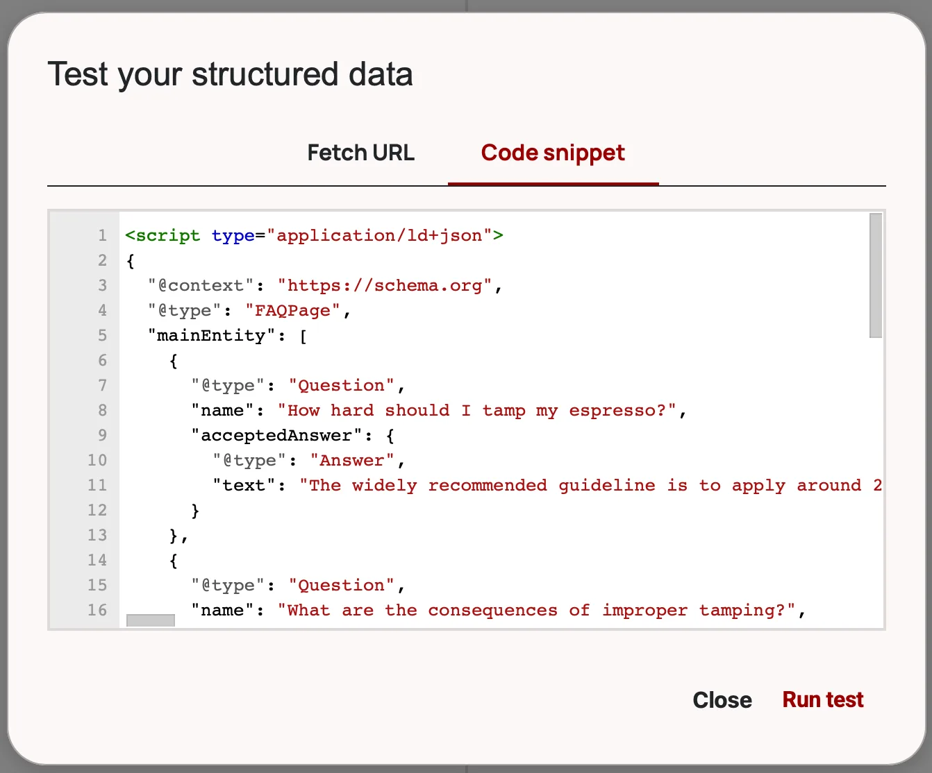 The Test Your Structured Data input window from validator.schema.org showing FAQ JSON-LD code ready to be validated
