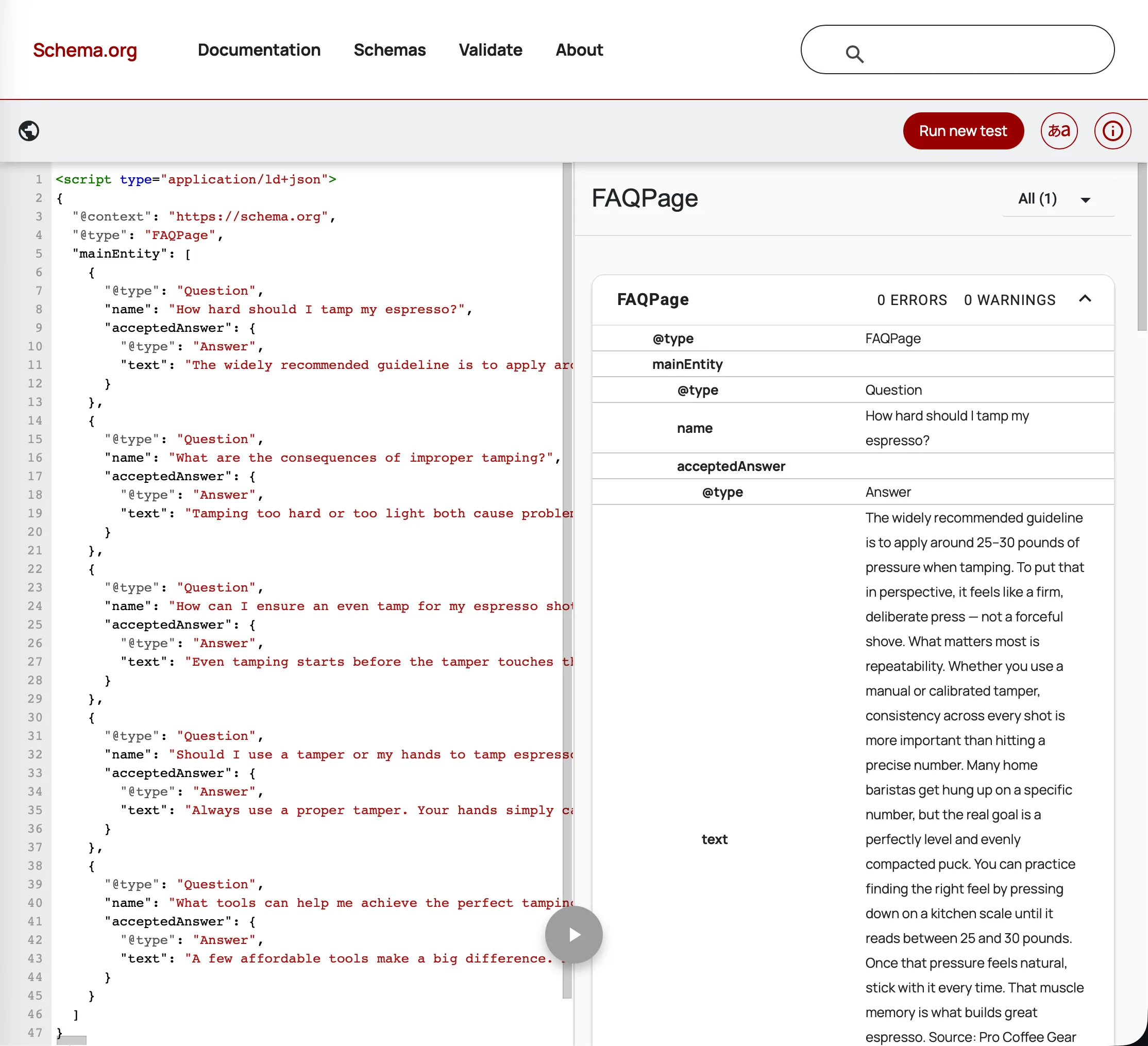 Screenshot from validator.schema.org showing FAQ JSON-LD code in the left panel and a successful validation result with no errors in the right panel